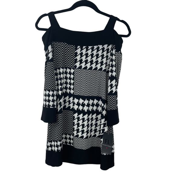 NWT Frank Lyman Black White Houndstooth Print Cold Shoulder 3/4 Sleeve Top 10 - Picture 1 of 7